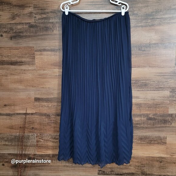 Vtg Cal Style Chiffon Accordion Pleated Maxi Skirt L Navy Stretch Waist 90's - Picture 1 of 7